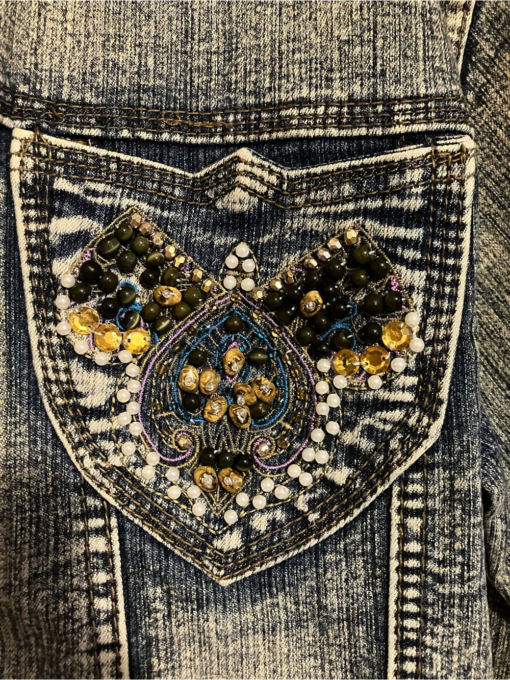 Denim Jean Jacket with Embellished Pockets - Washed Blue - Picture 2 of 5